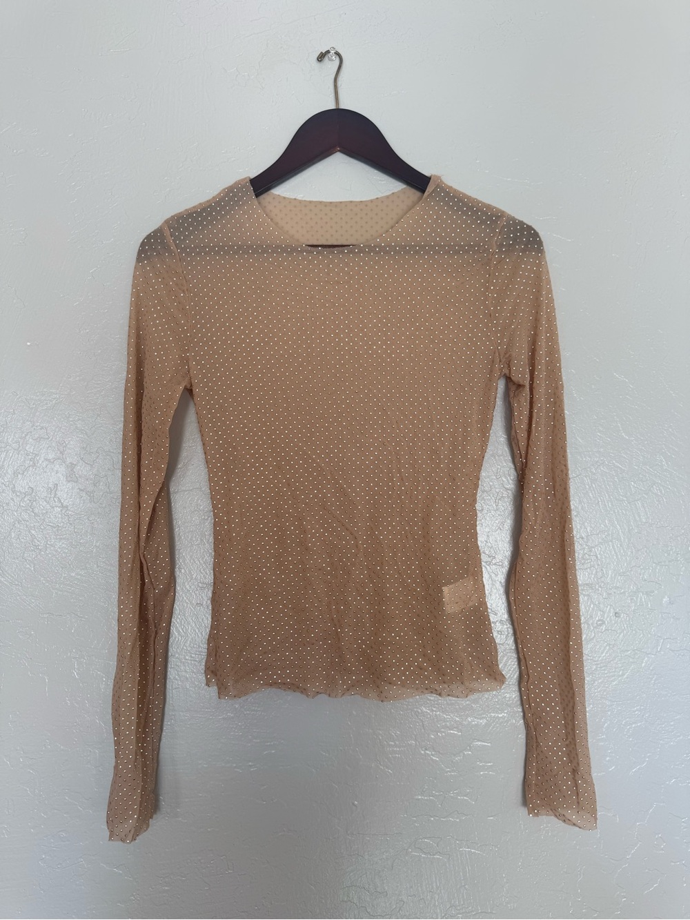 Women's Long Sleeve Mesh Top in Nude with Dotted Detail